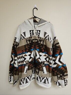 Artesanias Tuntaquimba Aztec Native Wool Handmade Hooded Jacket Sweater Size XL